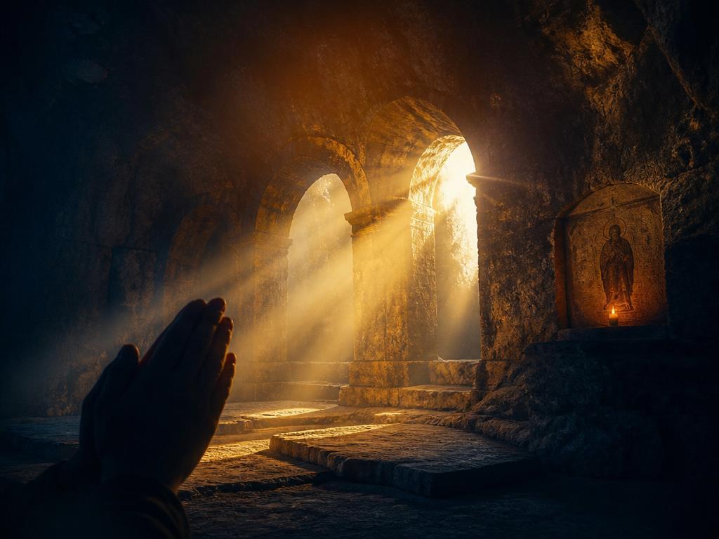 Luz divina iluminando mãos em oração dentro de uma gruta sagrada francesa